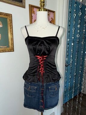 Vintage Y2K Black Satin Corset-Style Spaghetti Strap Top with Red Lace-Up